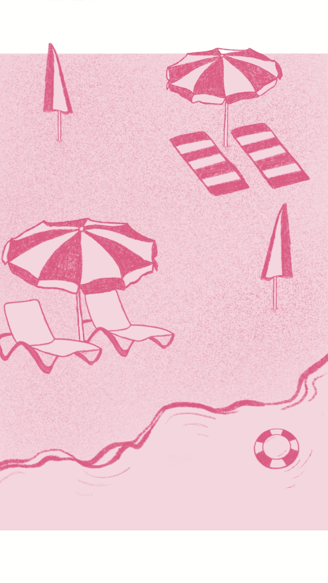 En monochrome rose, une plage remplie de transats, serviettes et parasols fait face à un mer calme où se trouve une bouée.