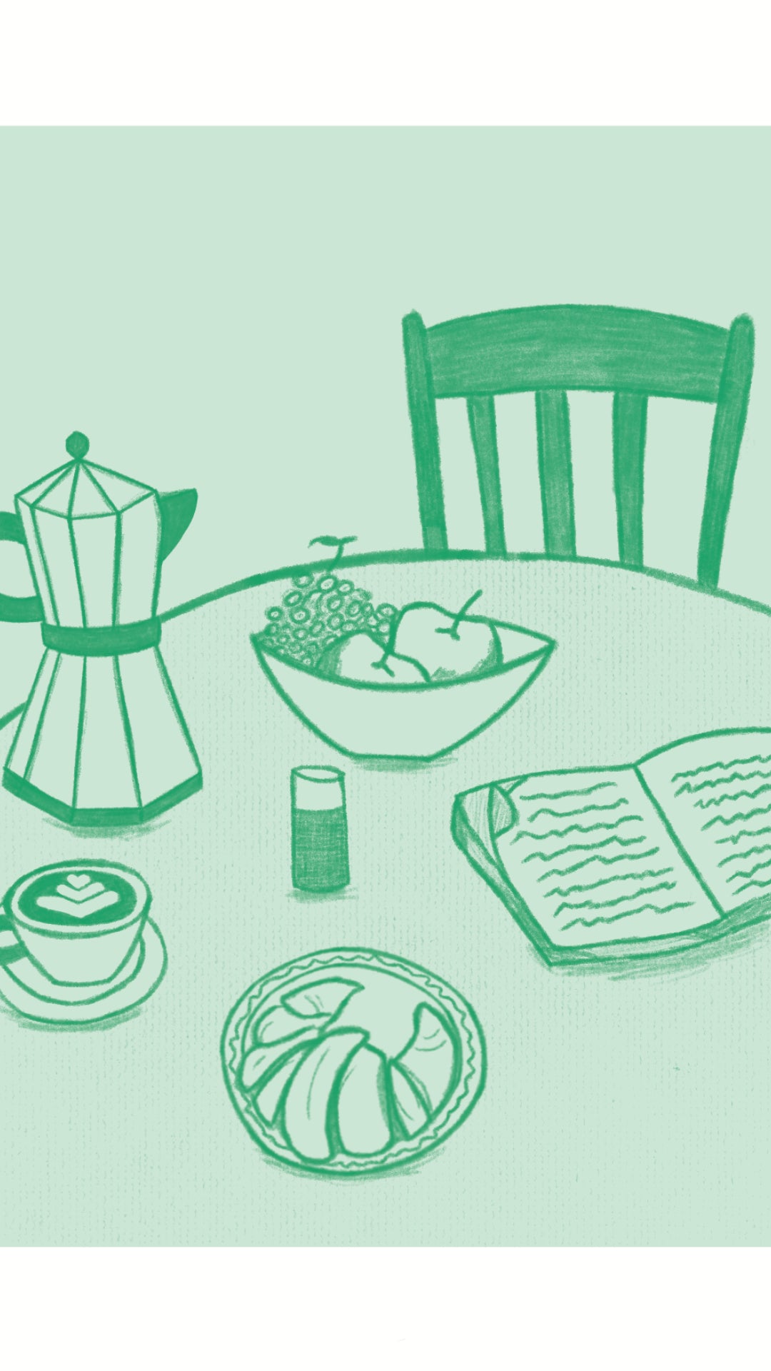 En monochrome vert, une scène de petit déjeuner se déroule sur une table. Un café, une cafetière, un croissant, un journal et un panier de fruits.