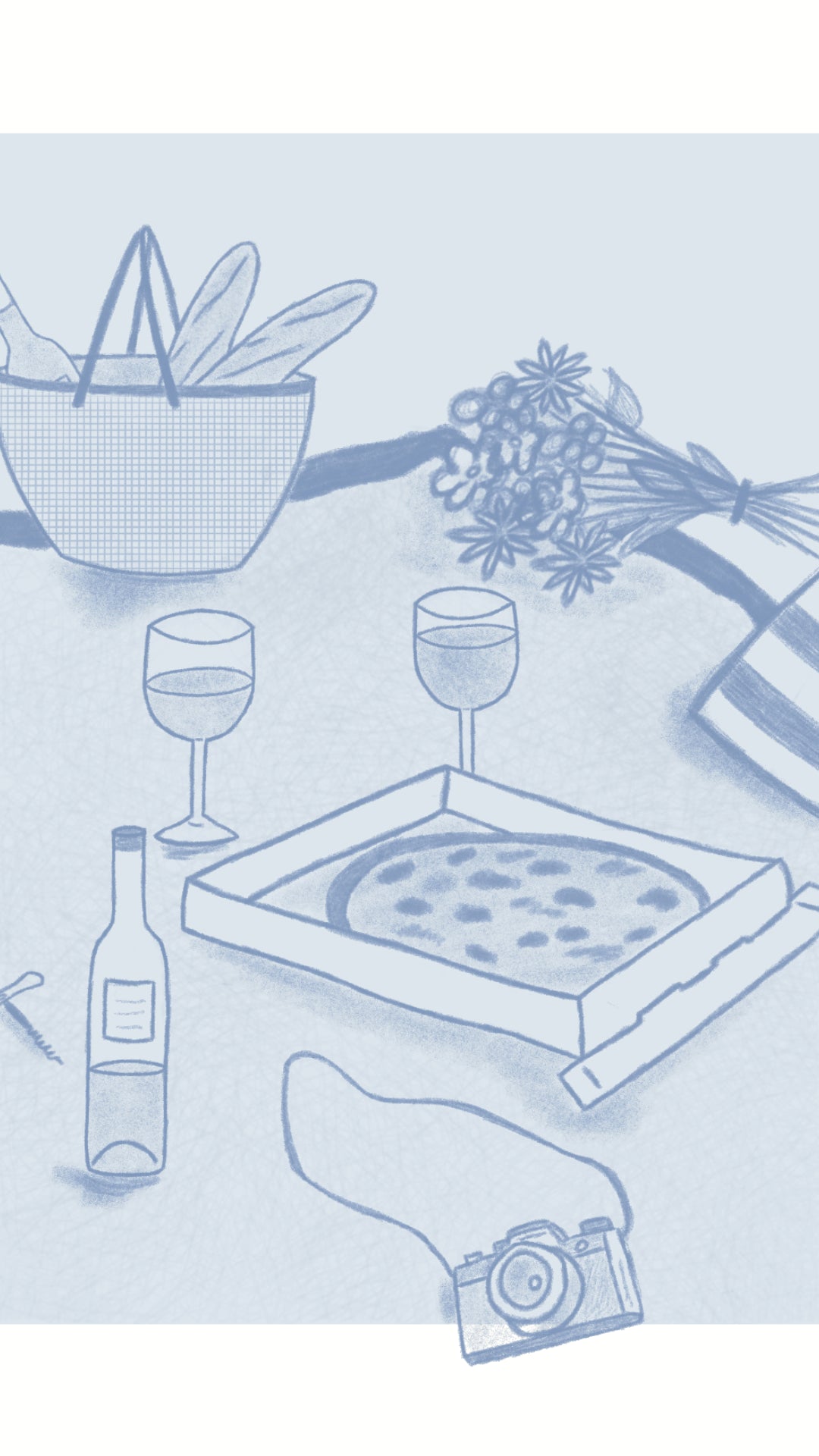 En monochrome bleu, une scène de pique-nique romantique avec deux verre, une pizza, un panier, un appareil photo et un bouquet de fleurs sur une serviette.